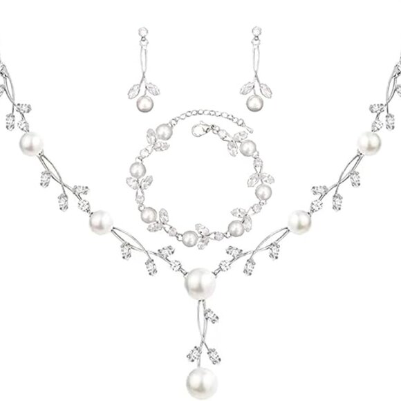 Cubic Zirconia Aurtrian Crystal Pearl Floral Necklace Dangle Earrings for Bride - Picture 1 of 5